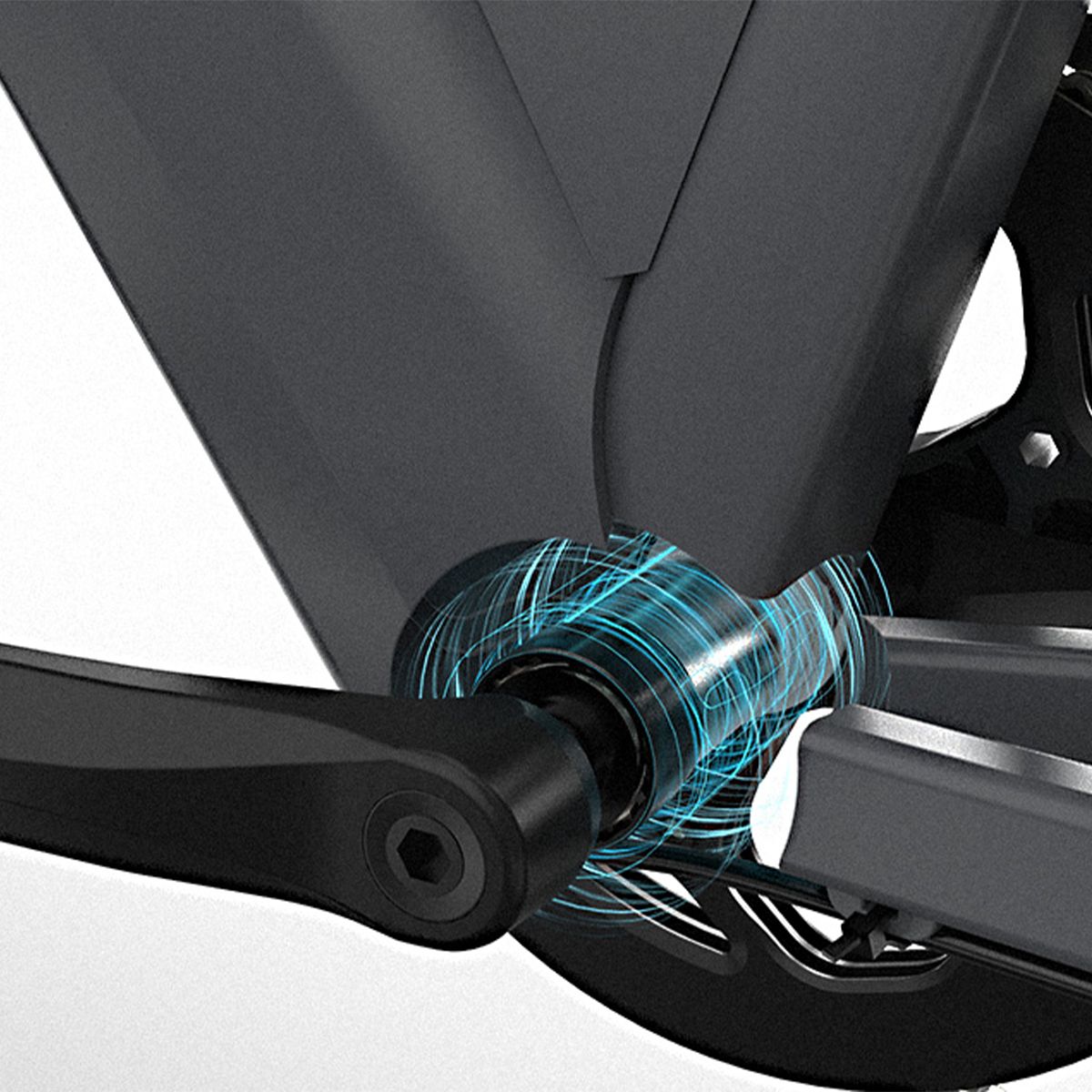 Primo piano del movimento centrale. Pedali e componenti neri con effetti di luce blu.