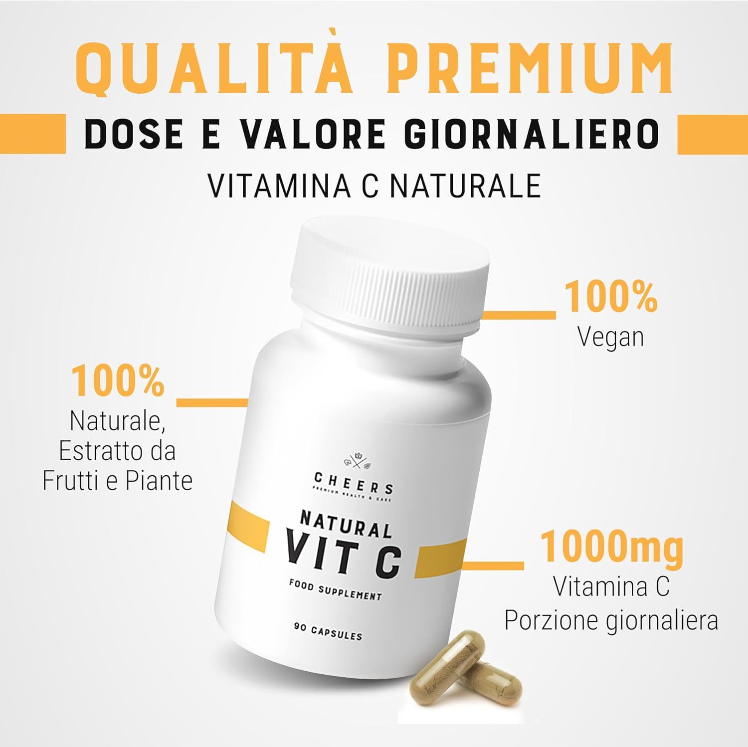 Flacone bianco CHEERS Natural Vit C. 100% vegano, 1000mg Vitamina C per porzione. Scritta: Vitamina C naturale.