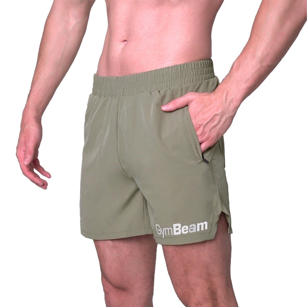Pantaloncini verdi da uomo con logo GymBeam, vista dettagliata.