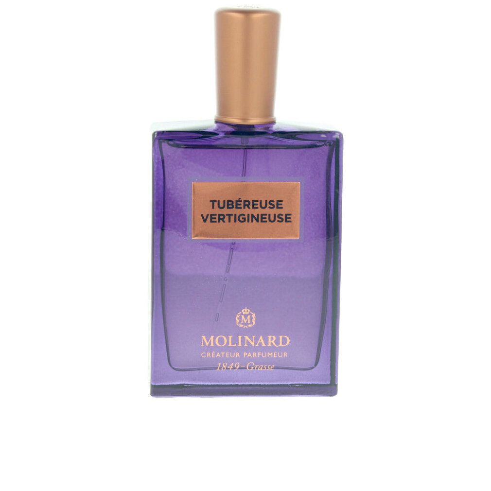 Flacone di profumo viola con tappo dorato. Forma rettangolare. Scritta: TUBÉREUSE VERTIGINEUSE, MOLINARD, Créateur Parfumeur 1849-Grasse.