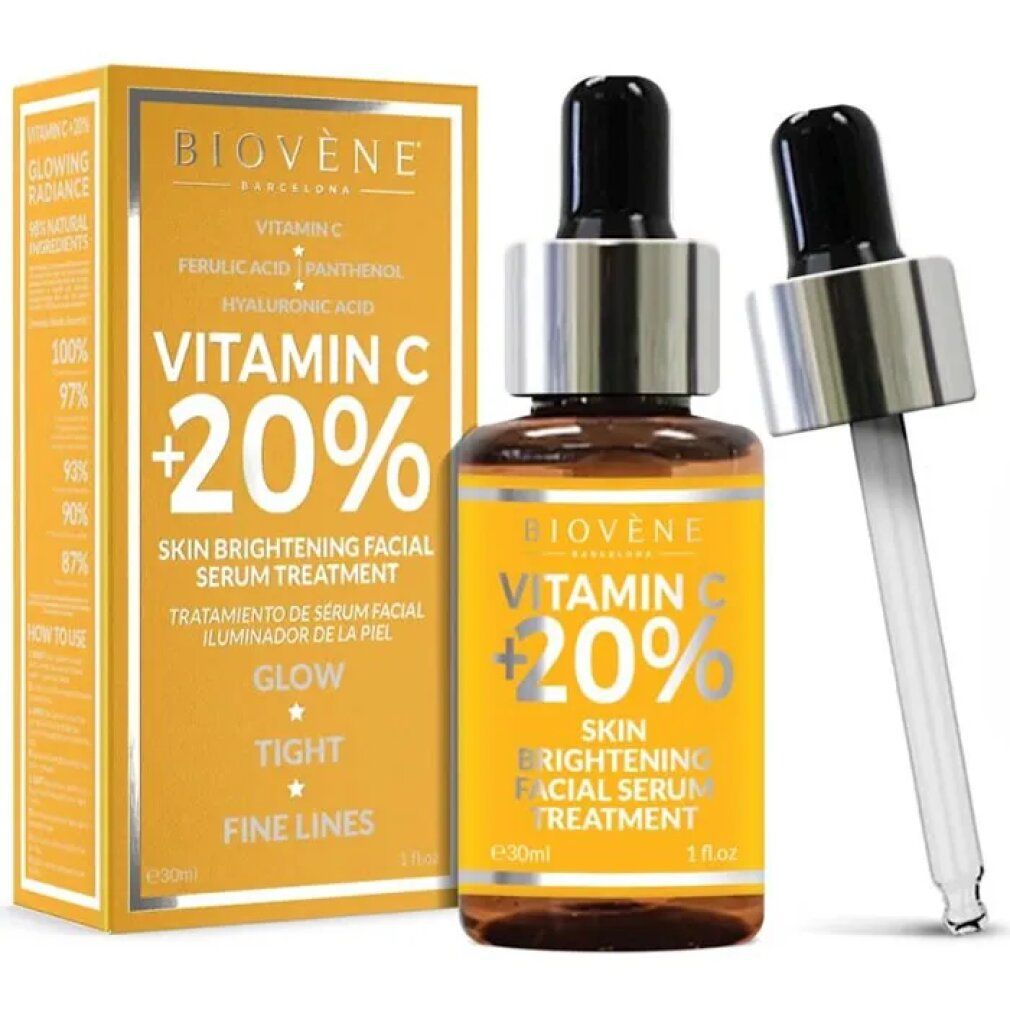 Flacone di siero e confezione. Scritta: Vitamin C +20% Skin Brightening Facial Serum Treatment. Contiene vitamina C, acido ferulico, pantenolo e acido ialuronico.