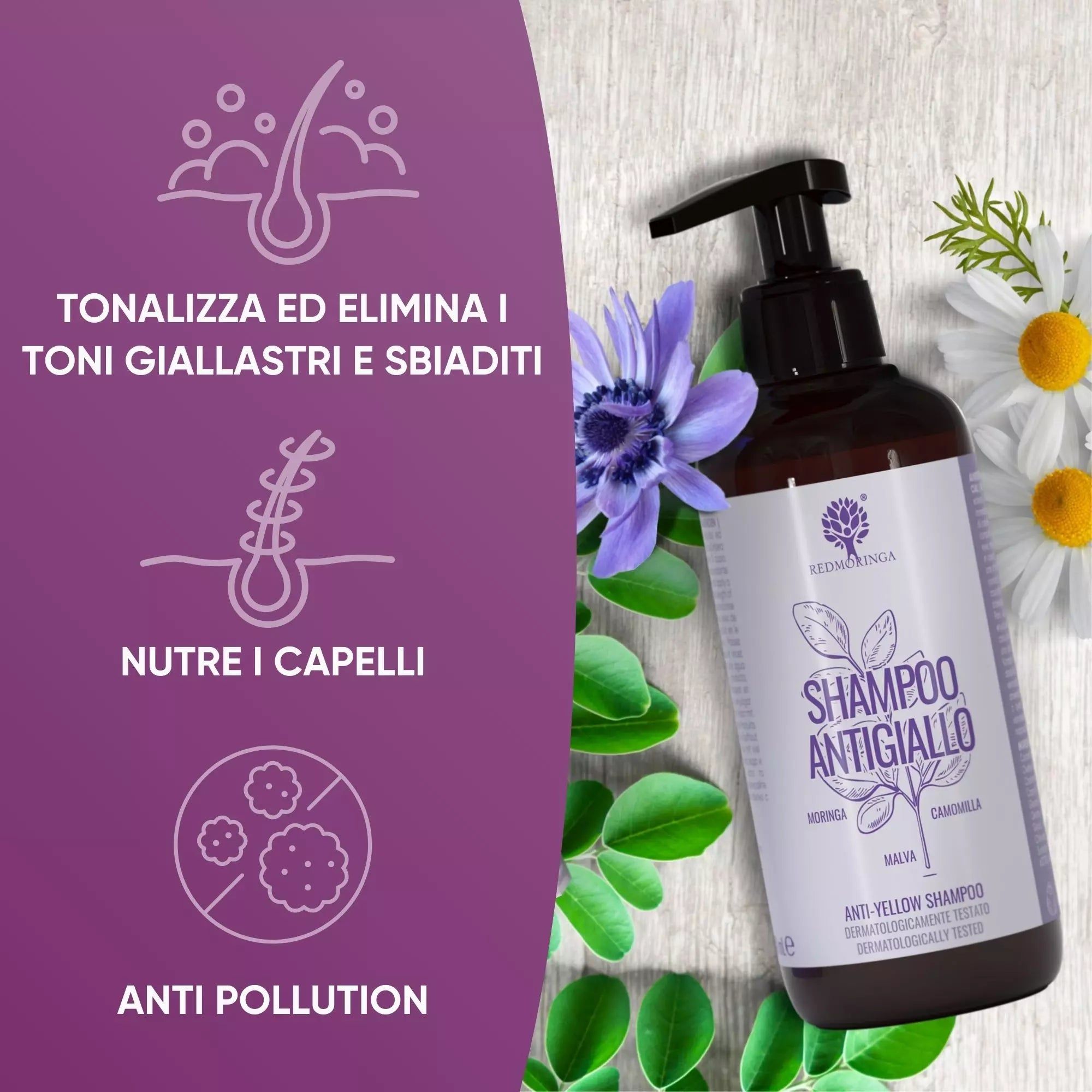 Shampoo Antigiallo BIO alla Moringa – Capelli Biondi e Bianchi Luminosi