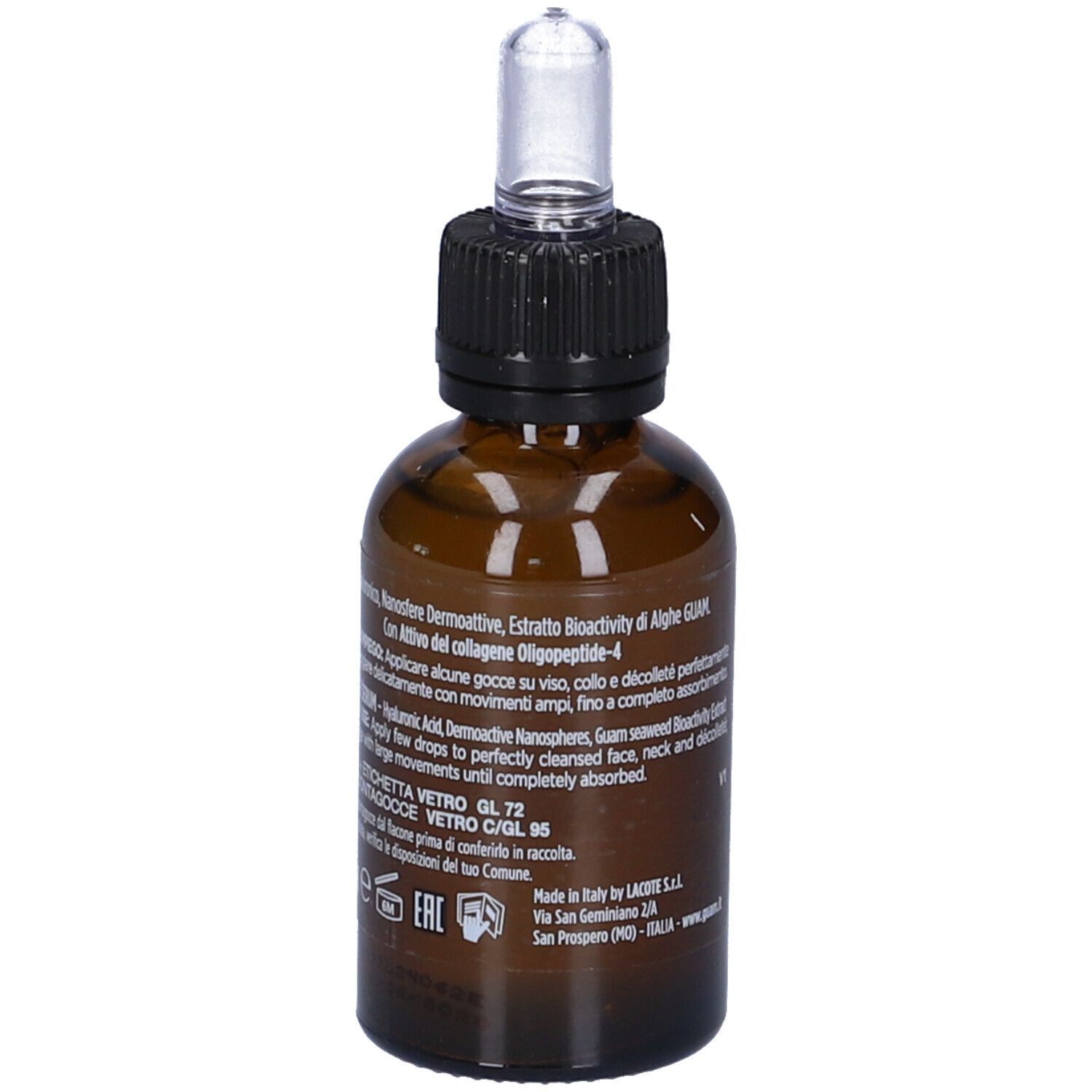 Flacone di vetro marrone con tappo nero e pipetta. Testo in italiano, ingredienti.