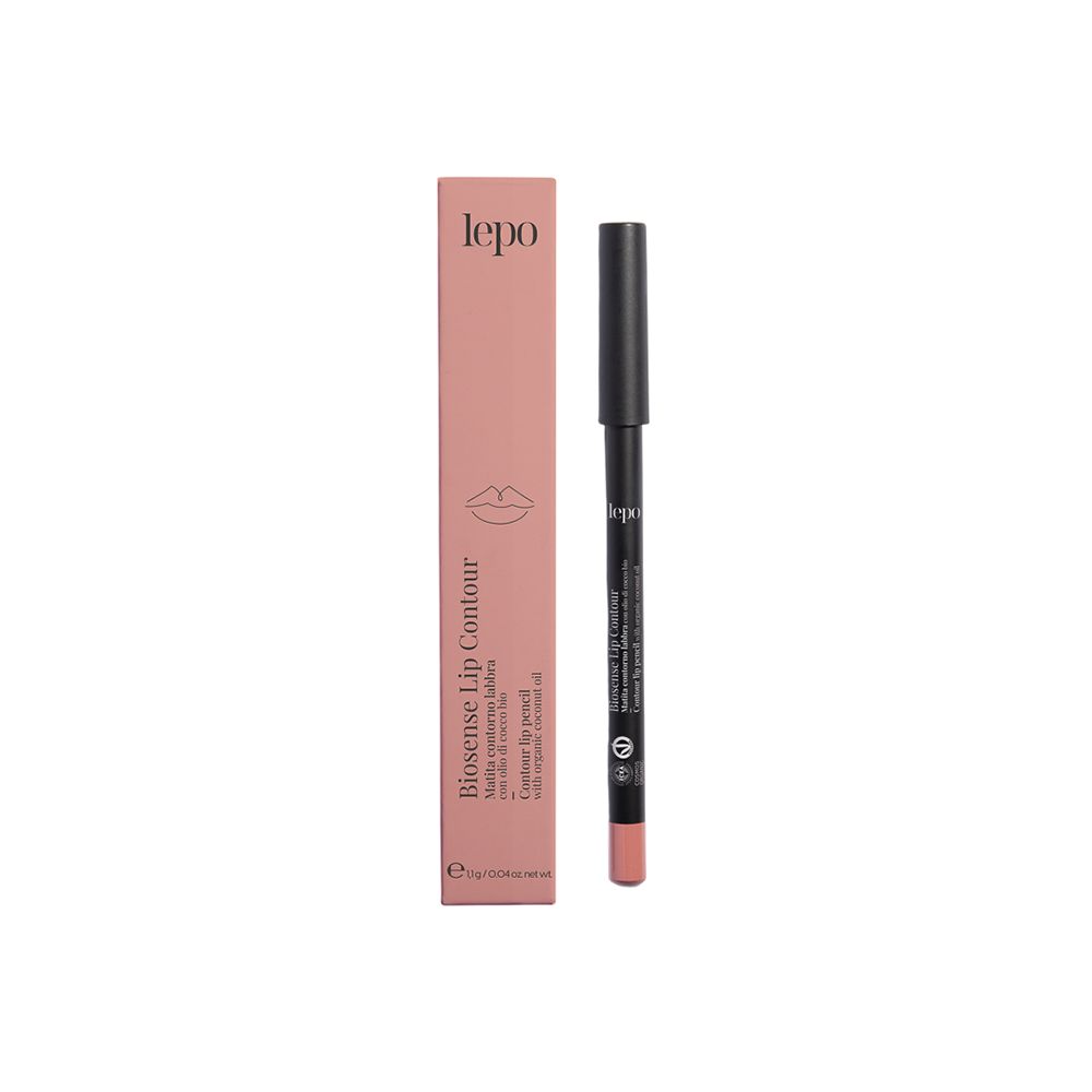 LEPO Biosense Lip Contour. Matita labbra rosa e confezione. Matita nera con punta beige. Confezione con logo e nome del prodotto.