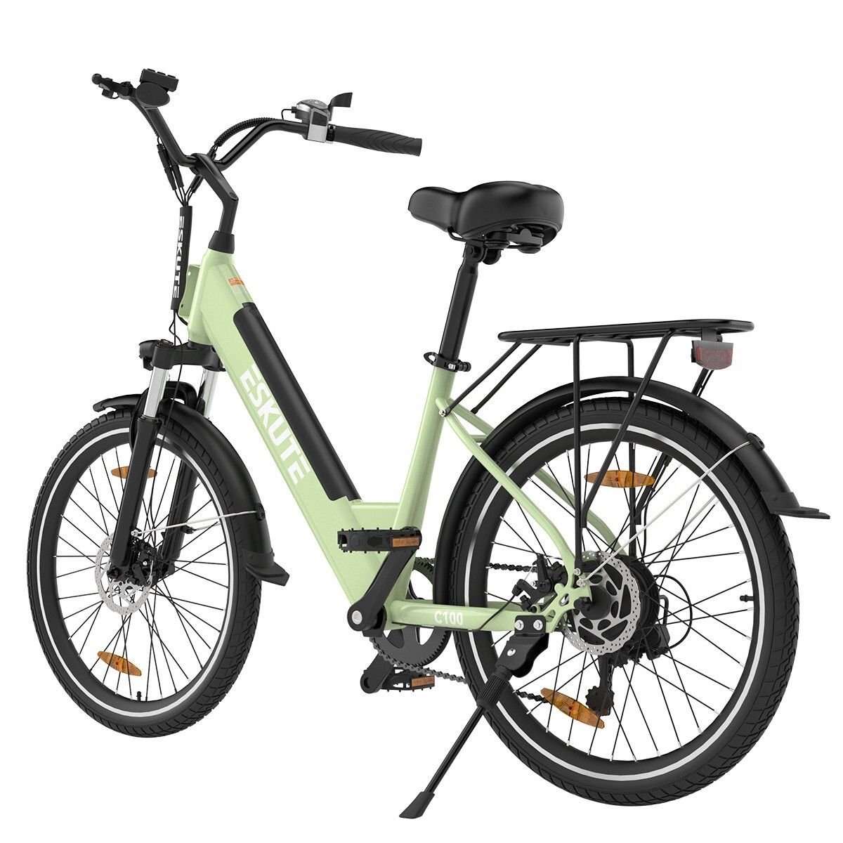 Bicicletta elettrica verde chiaro con pneumatici neri e portapacchi. Marchio ESKUTE sul telaio.