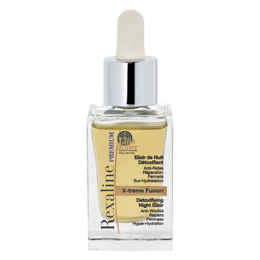 Flacone di vetro trasparente con tappo argentato e pipetta. Scritta: Rexaline Premium, Elixir de Nuit Détoxifiant, X-treme Fusion.