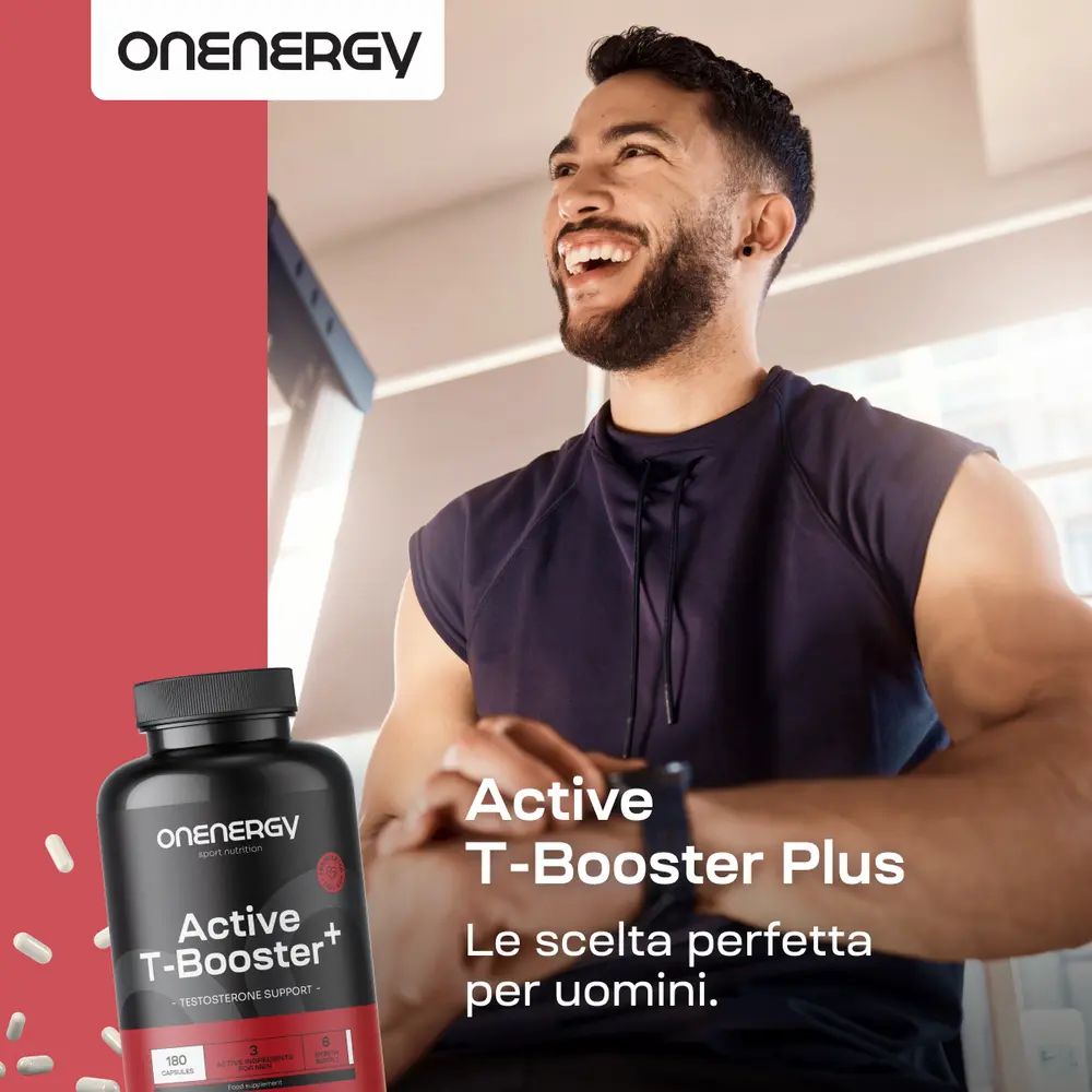 Uomo con una bottiglia di OnEnergy Active T-Booster Plus. "Le scelta perfetta per uomini."