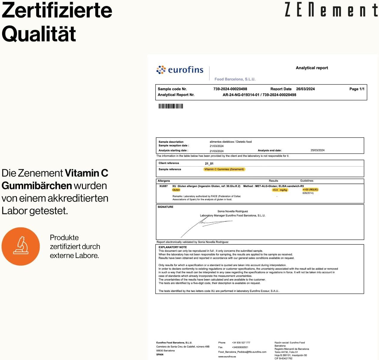 Rapporto di certificazione Eurofins. Testo: Le caramelle gommose Zenement Vitamina C sono state testate da un laboratorio accreditato. Prodotti certificati da laboratori esterni.