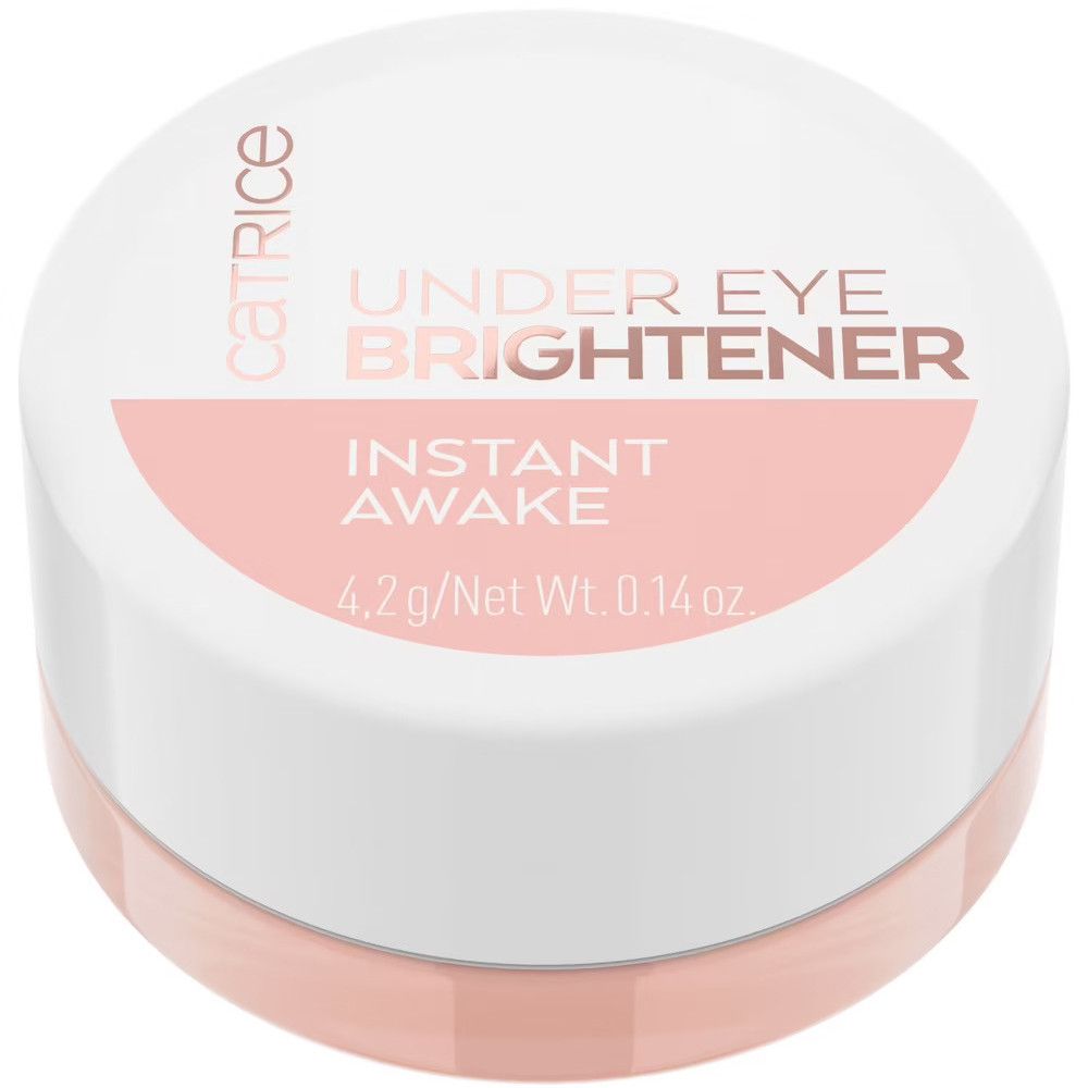 Vasetto rotondo con coperchio bianco e prodotto rosa. Scritta: Catrice, Under Eye Brightener, Instant Awake, 4.2 g/Net Wt. 0.14 oz.