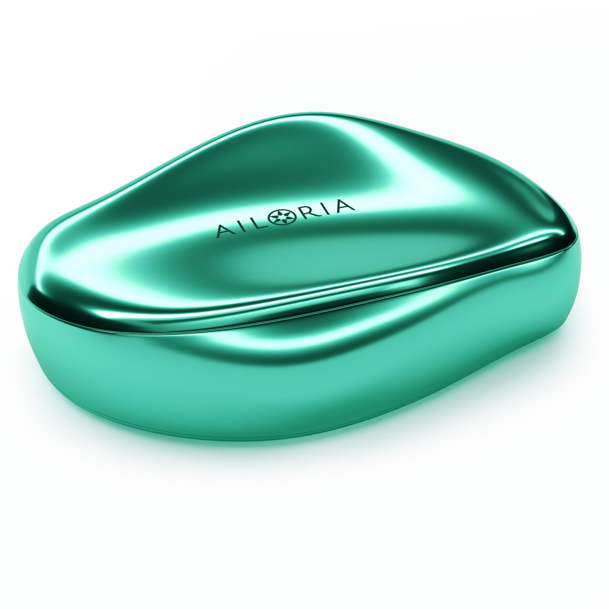 Custodia ovale turchese con logo AILORIA. Superficie lucida.