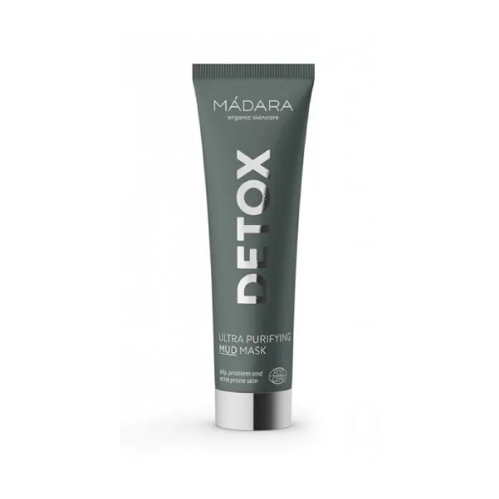 Tubo grigio scuro. Scritta: DETOX, Ultra Purifying Mud Mask. Marchio: MÁDARA.