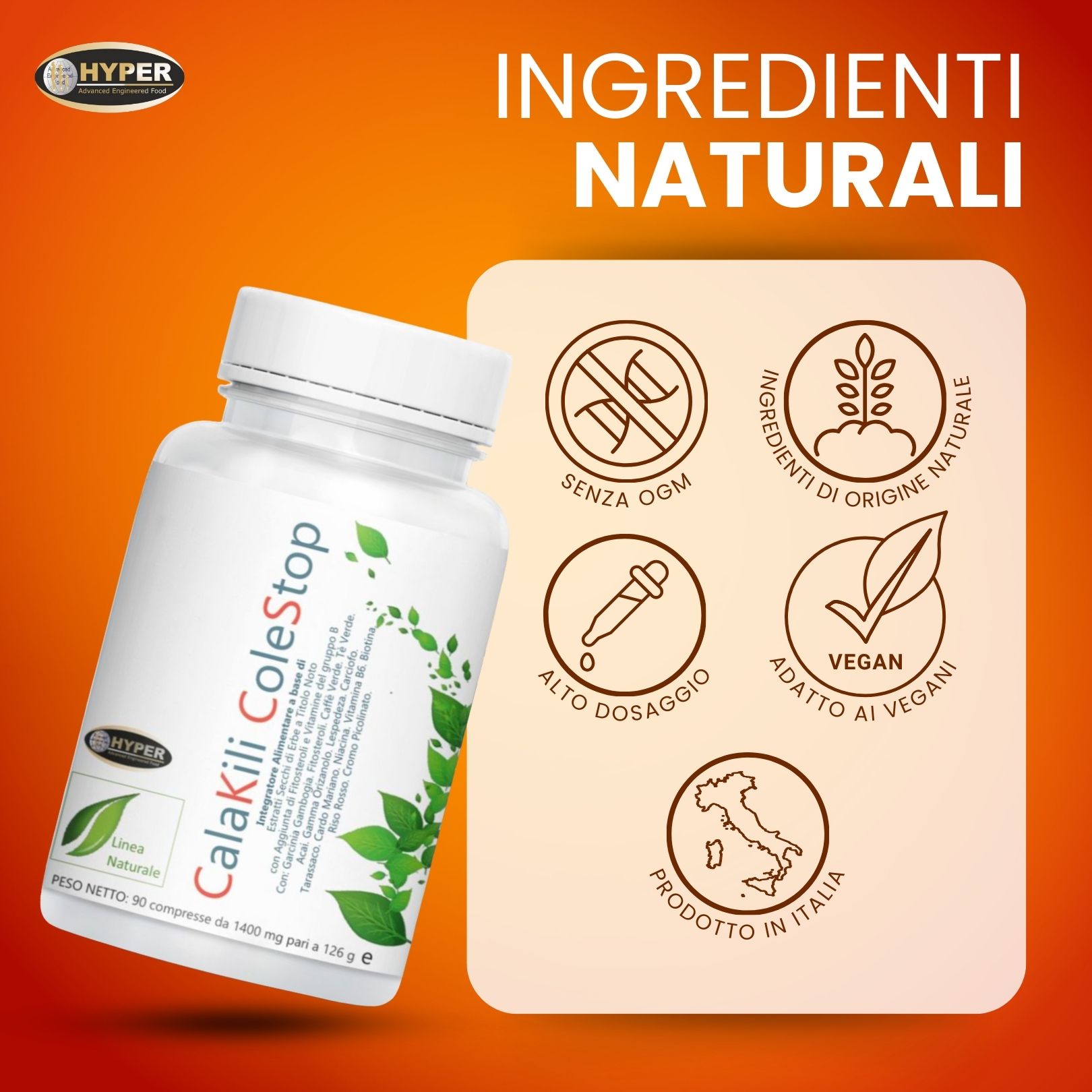 Flacone bianco di capsule. Scritta: CalaKili ColeStop. Simboli: Vegano, origine, alto dosaggio. Sfondo: arancione.
