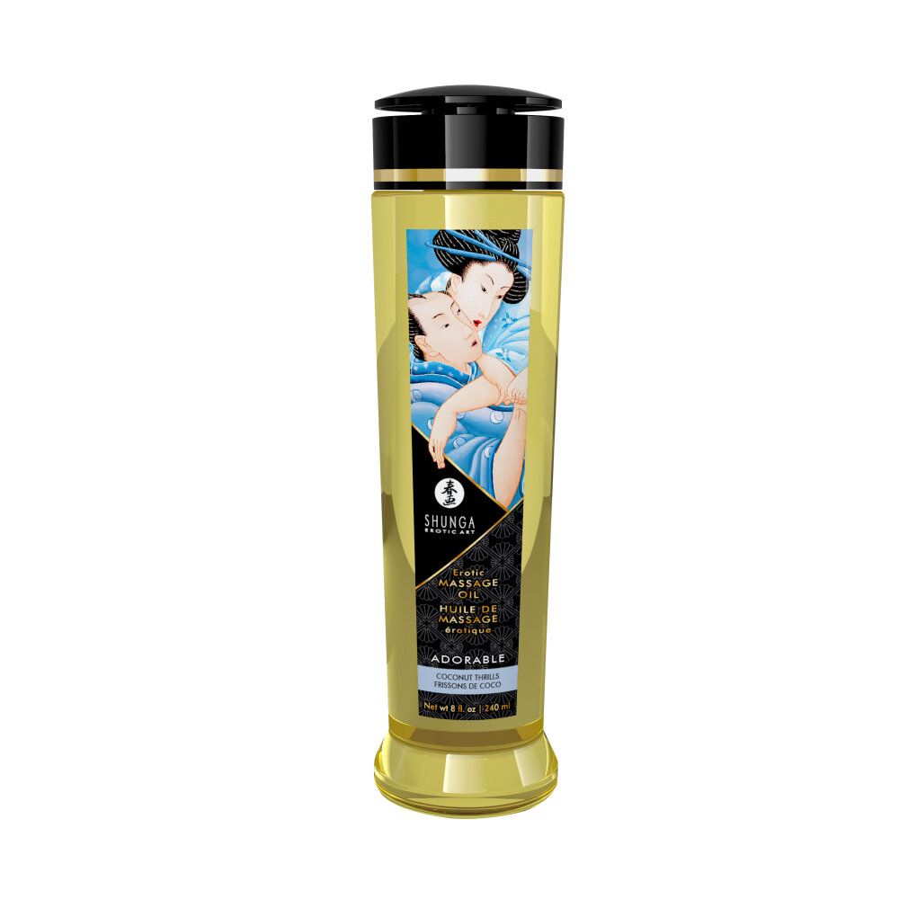 Flacone cilindrico con tappo nero. Etichetta con illustrazione e testo: Shunga, Erotic Massage Oil, Adorable.