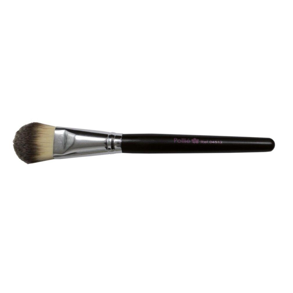 Pennello cosmetico con manico nero, ghiera argentata e testina chiara. Scritta sul manico.