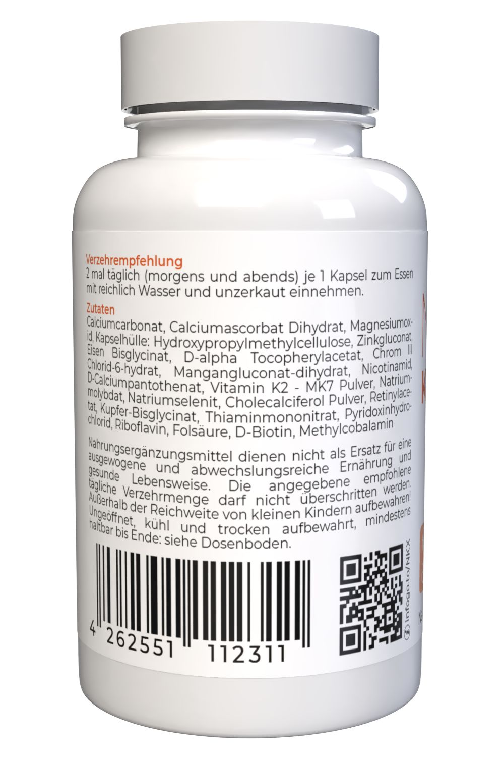 Retro di una bottiglia bianca di capsule con etichetta che elenca ingredienti e raccomandazioni. Codice a barre e QR code visibili.
