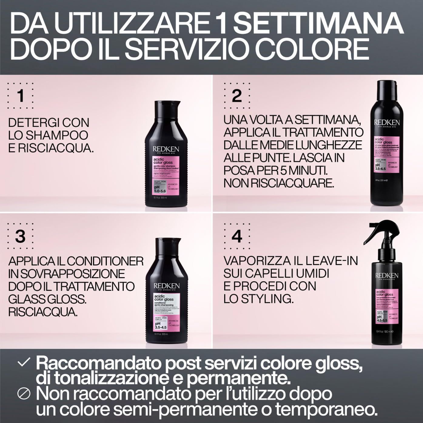 Istruzioni per l'uso del prodotto. Quattro passaggi con illustrazioni e testo. Consigliato dopo Color Gloss.