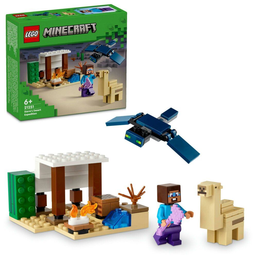 Set LEGO Minecraft. Elementi: Steve, cammello, edificio, aereo. Confezione con logo e età consigliata 6+. Elementi su sfondo bianco.