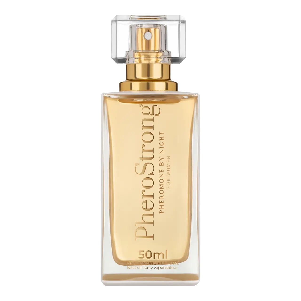 Profumo dorato in flacone rettangolare di vetro con vaporizzatore. Scritta PheroStrong. 50ml.