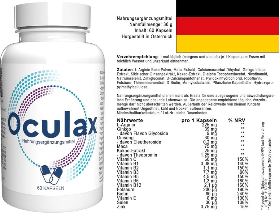 Flacone Oculax con bandiera tedesca. Contiene 60 capsule. Tabella nutrizionale e raccomandazioni d'uso.