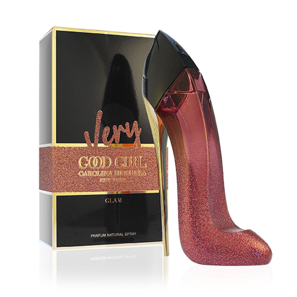 Confezione e flacone a forma di scarpa con tacco alto rossa. Confezione nera con dettagli glitterati rosa.