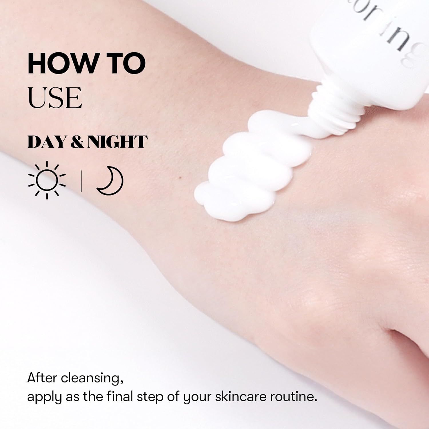 Mano che preme la crema da un tubetto. Testo: How to Use, Day & Night. Simboli sole e luna.