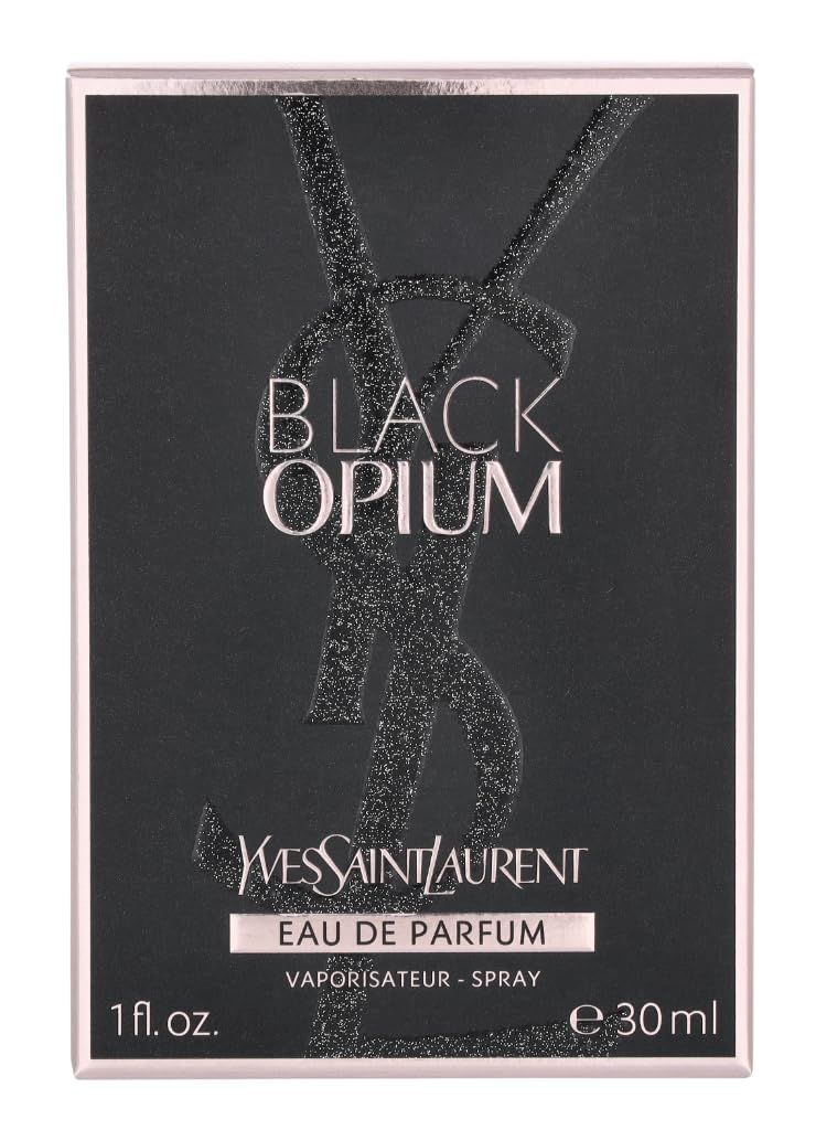 Confezione nera di Black Opium Eau De Parfum Spray. Logo e nome del prodotto in rosa. Informazioni sul prodotto e marchio Yves Saint Laurent.