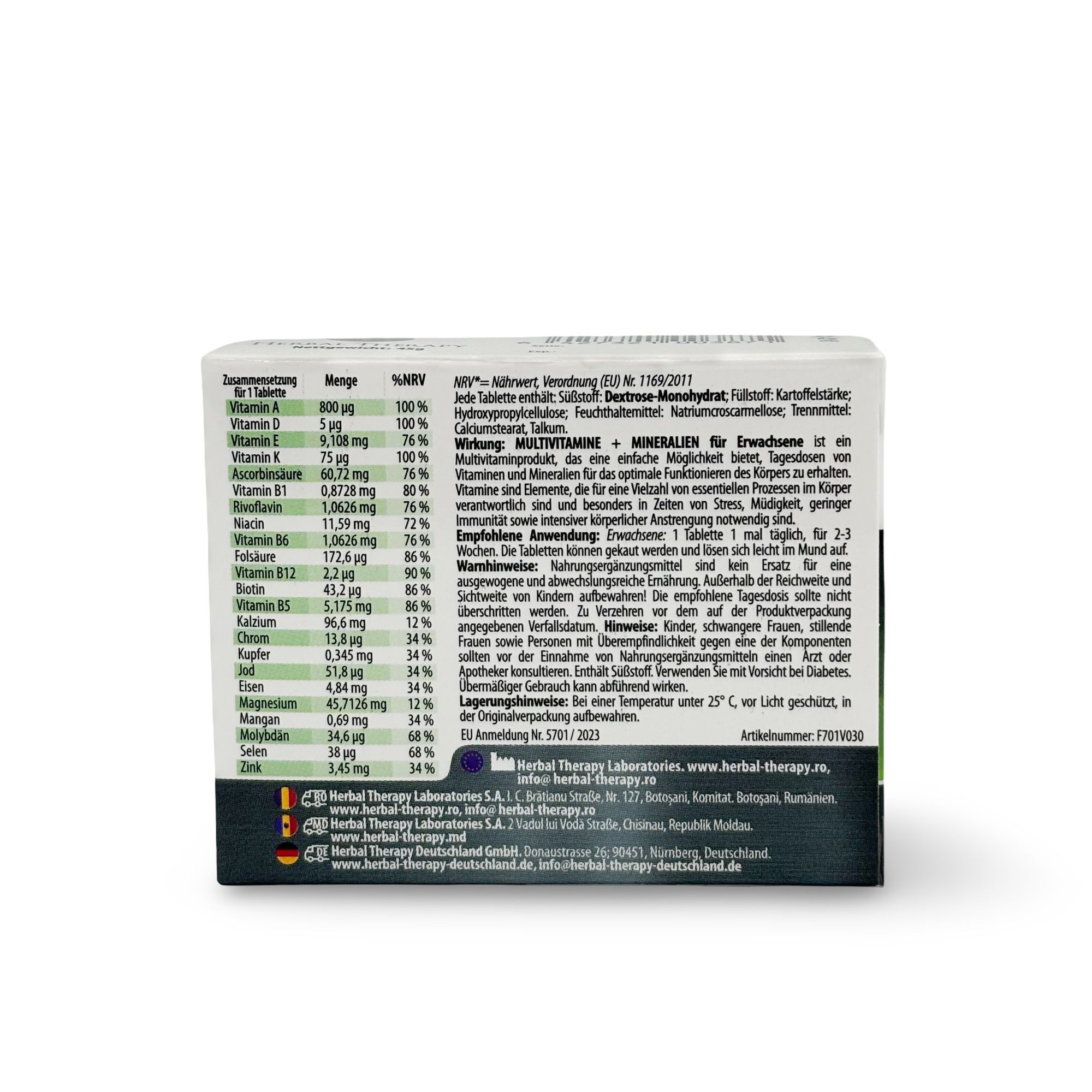 Retro della confezione "Herbal Therapy". Testo con ingredienti, informazioni nutrizionali e istruzioni. Sfondo bianco.