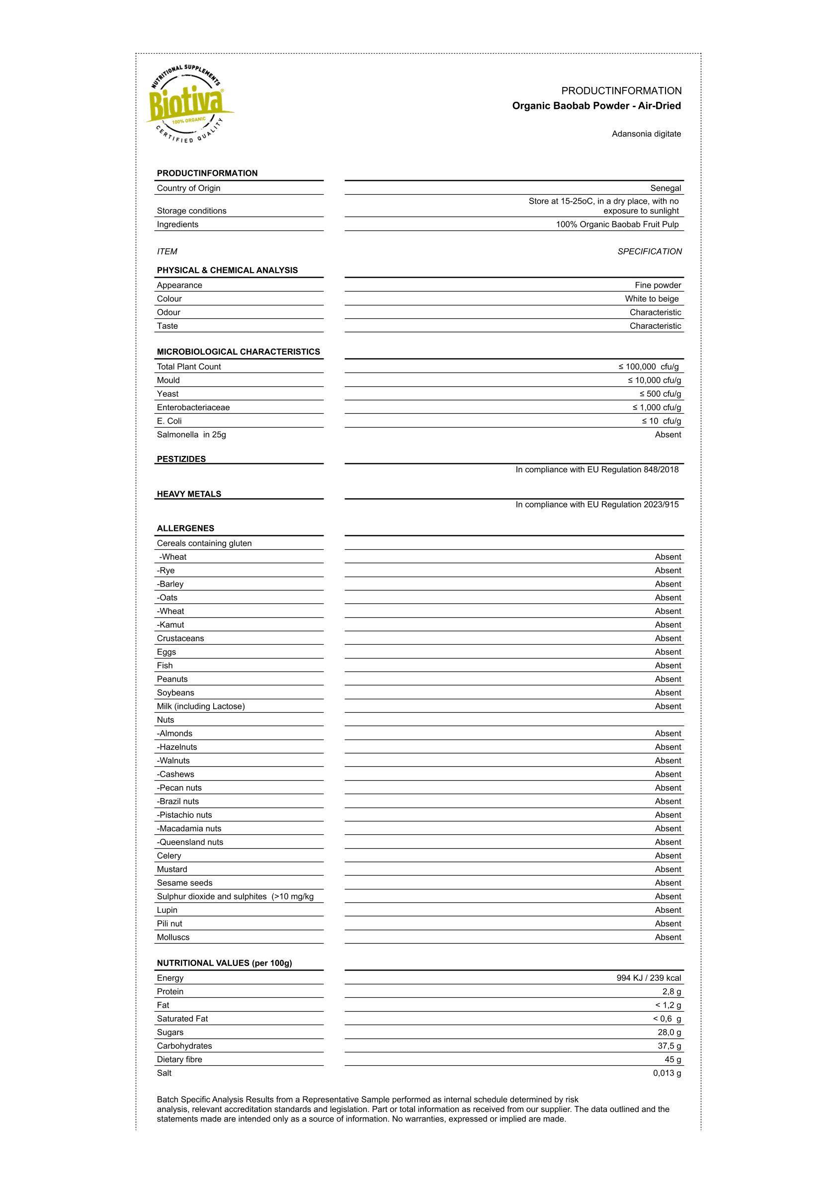 Scheda informativa del prodotto per la polvere di baobab biologica. Contiene informazioni su ingredienti, analisi e valori nutrizionali.