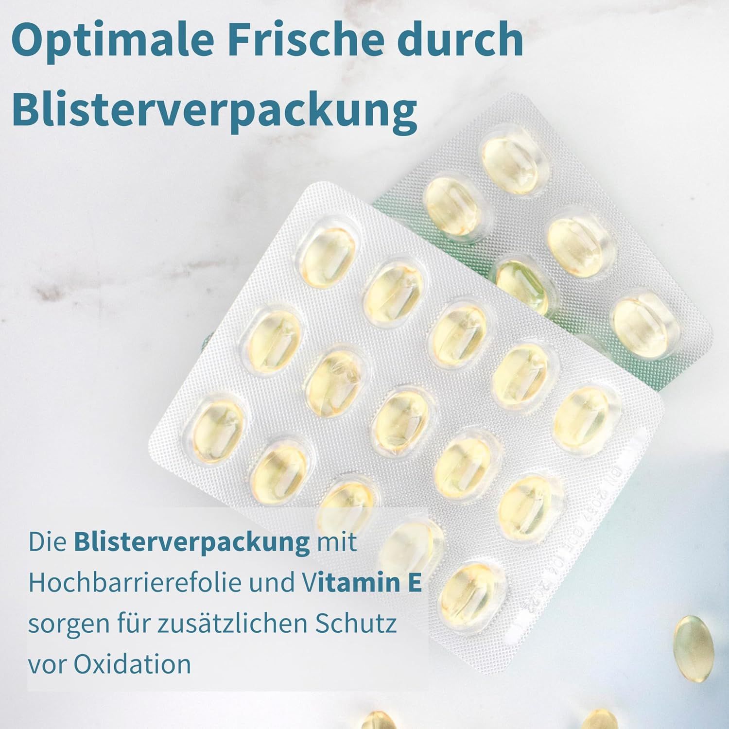 Blister di capsule. Testo: Freschezza ottimale grazie al blister. Film ad alta barriera e vitamina E.