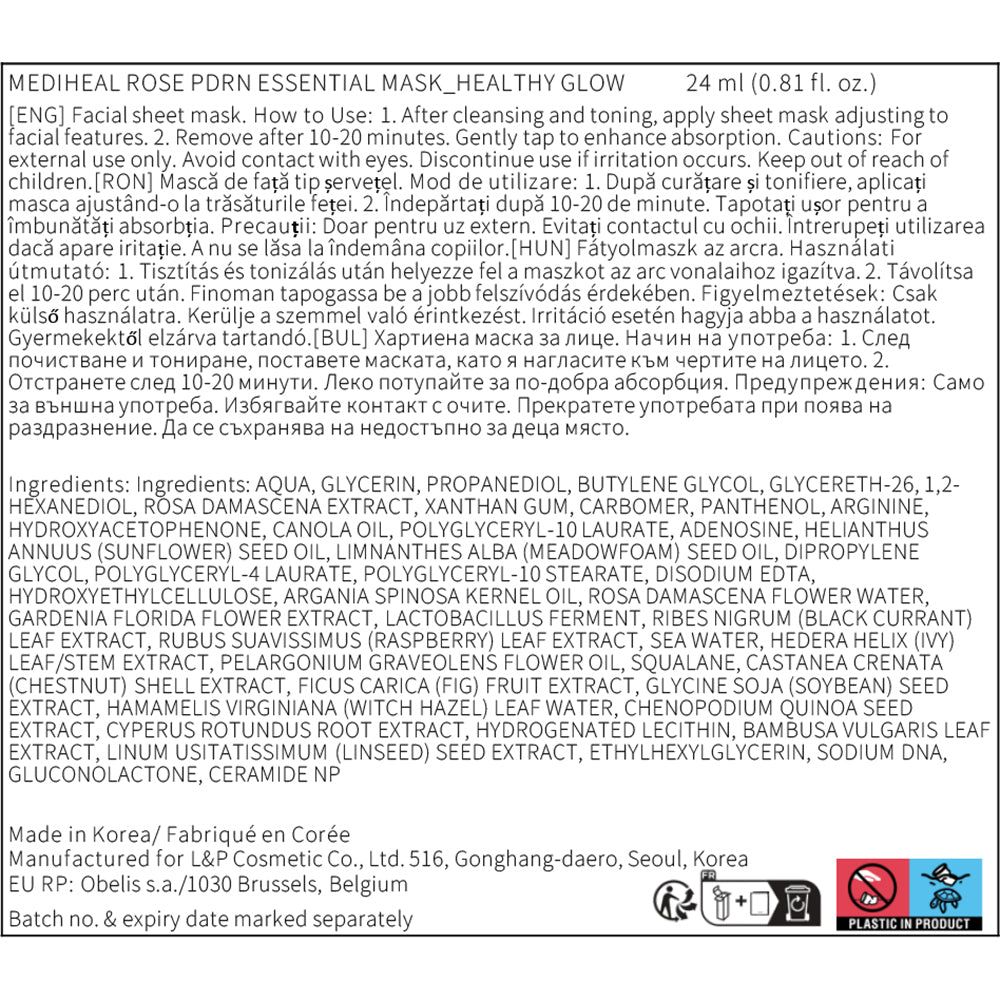 Informazioni sul prodotto MEDIHEAL Rose PDRN Essential Tuchmaske. Ingredienti, istruzioni per l'uso e informazioni sul produttore.