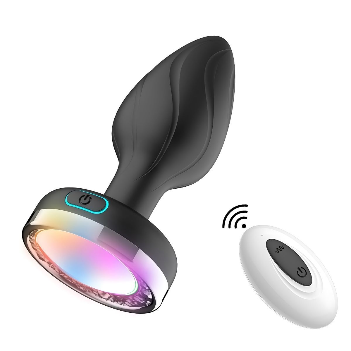 Plug anale nero con anello luminoso colorato e telecomando. Il plug ha una forma curva e un pulsante.