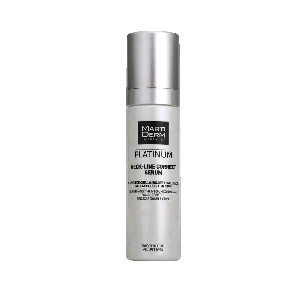 Siero Martiderm Platinum, flacone. Tappo argentato, etichetta bianca con testo. Per viso e collo.