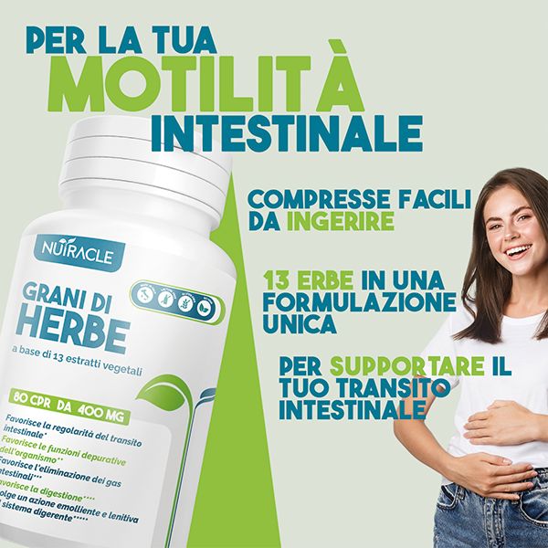 Flacone di prodotto accanto a testo e donna sorridente. Testo: "Per la tua motilità intestinale". "13 erbe in una formulazione unica".