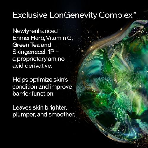 Illustrazione degli ingredienti. Contiene: Enmei Herb, Vitamina C, Tè verde e Skingenecell 1P. Ottimizza la pelle.