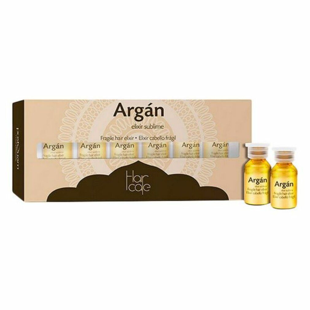 Confezione in cartone con sei fiale e due flaconi. Scritta: Argan, Elixir sublime, Fragile hair elixir. Marchio: Hair cafe.