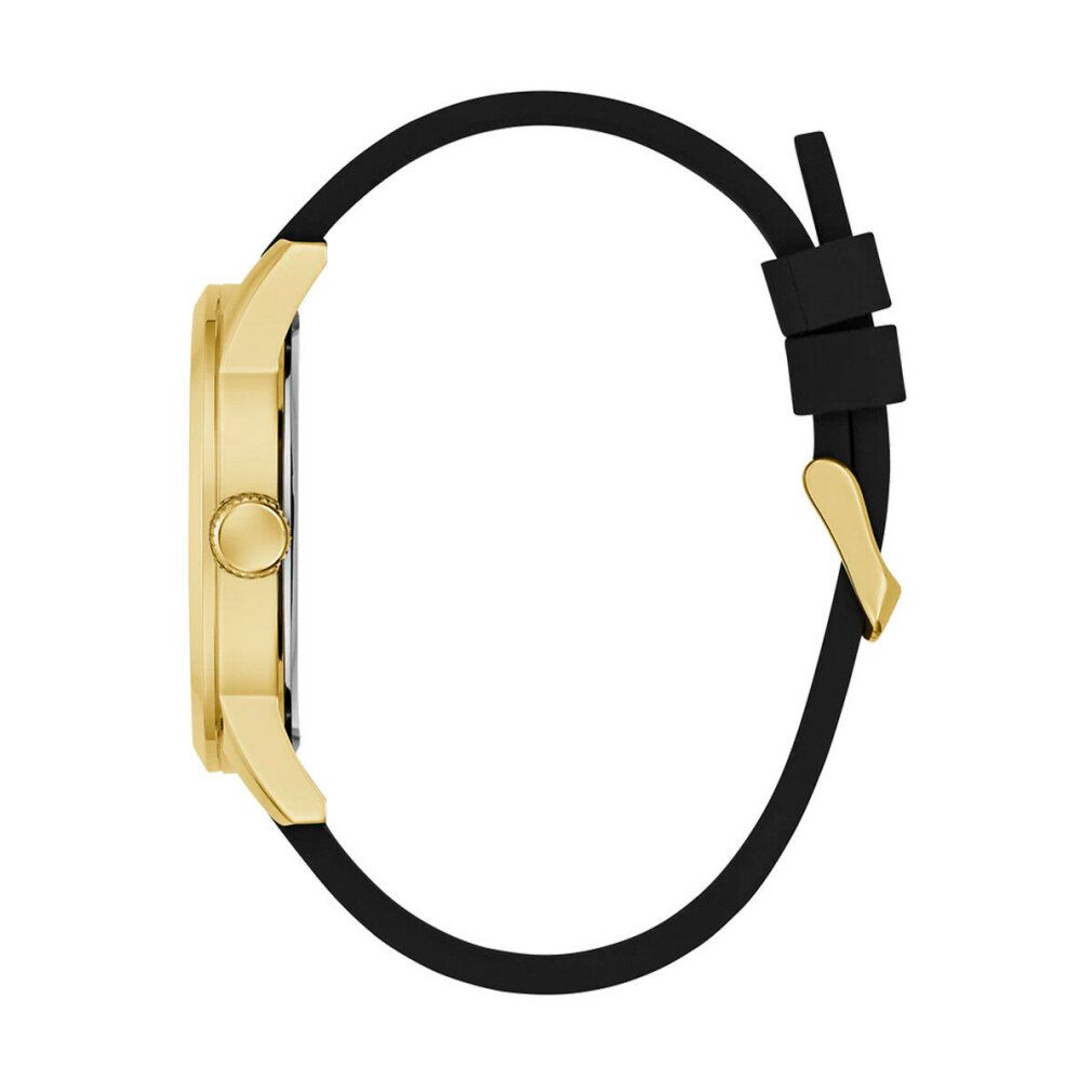 Vista laterale dell'orologio da uomo. Cassa dorata, cinturino nero. Corona e fibbia dorate.