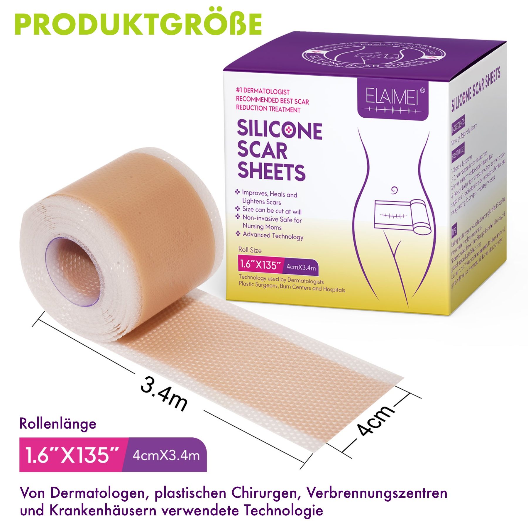 Confezione del prodotto e rotolo di cerotti in silicone. Dimensioni: 4 cm x 3,4 m. Raccomandato dai dermatologi.