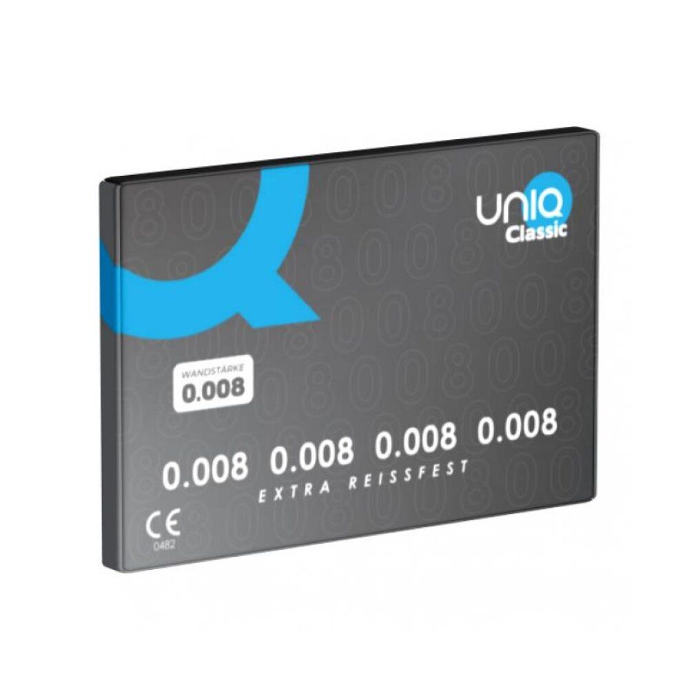 Confezione di preservativi Uniq Classic, spessore 0.008 mm, extra resistente.