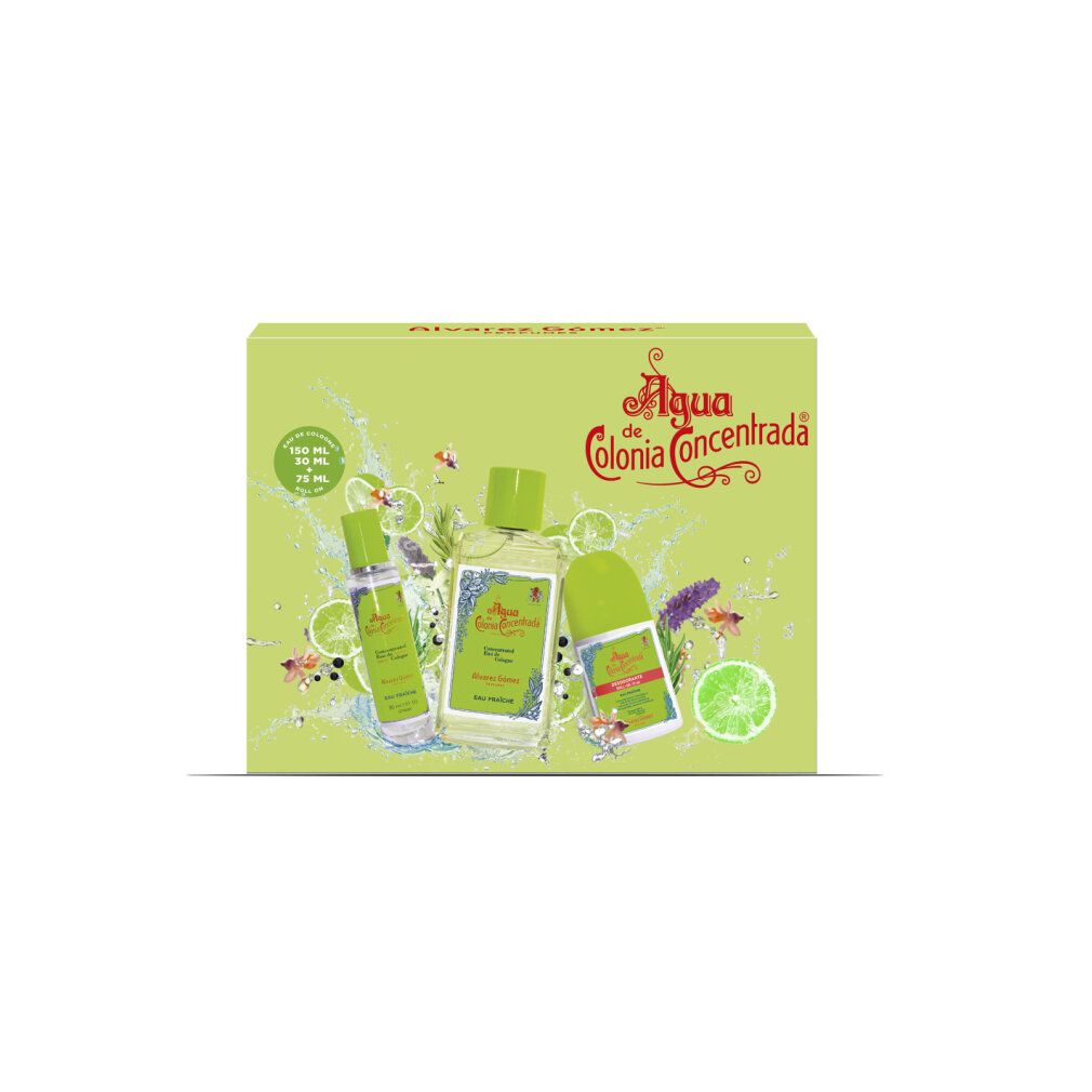 Confezione regalo Alvarez Gómez con flacone, roll-on e spray. Scritta: Agua de Colonia Concentrada. Confezione verde.