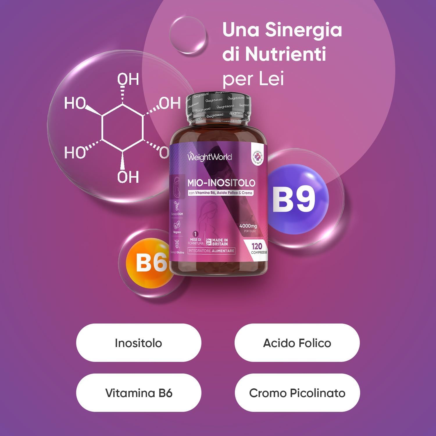 Grafica con flacone WeightWorld MYO-INOSITOL. Contiene vitamina B6, B9 e inositolo. Simboli B6, B9 e cromo.