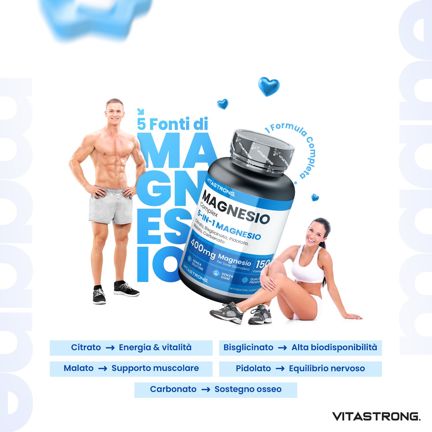 Vitastrong Magnesio-Complesso 5-in-1. Bottiglia di compresse. Due persone. Testo: 5 fonti, magnesio.