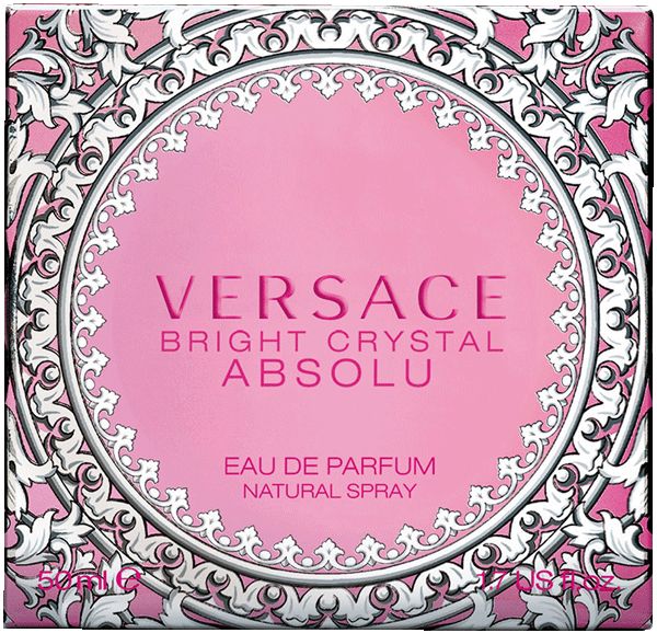 Confezione di profumo. Sfondo rosa con motivo bianco. Scritta: Versace Bright Crystal Absolu.
