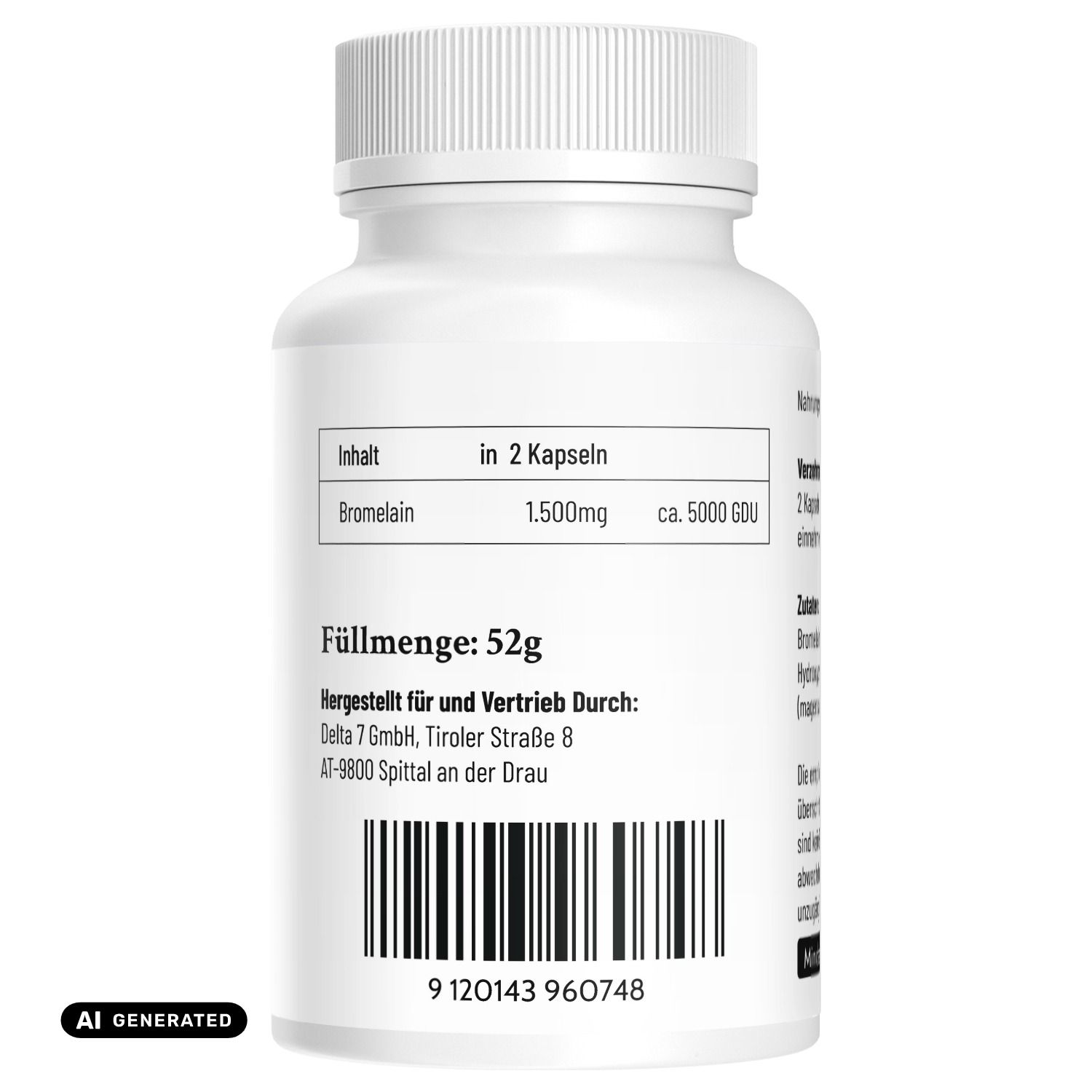 Retro di una bottiglia di capsule di bromelina con informazioni nutrizionali e produttore.