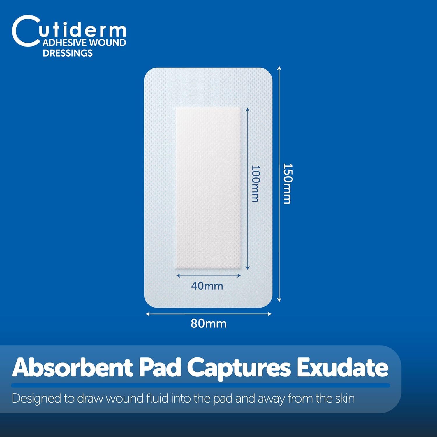 Medicazione Cutiderm 80mm x 150mm, con dimensioni.