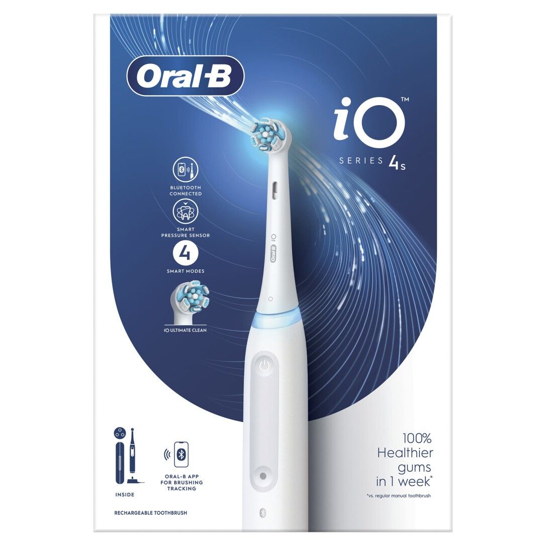 Confezione con spazzolino elettrico. Oral-B iO Series 4s. Caratteristiche del prodotto e Bluetooth in evidenza.