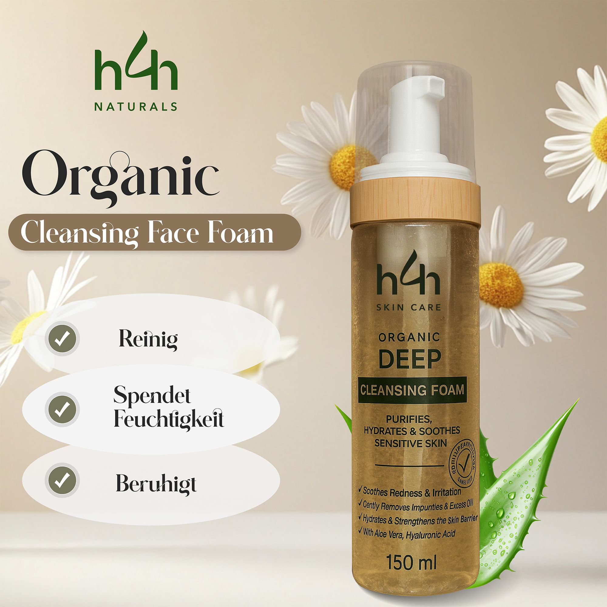 H4H Naturals® Organic Cleansing Face Foam. Flacone con pompa. Testo: Pulisce, idrata, lenisce. Con fiori di camomilla sullo sfondo.