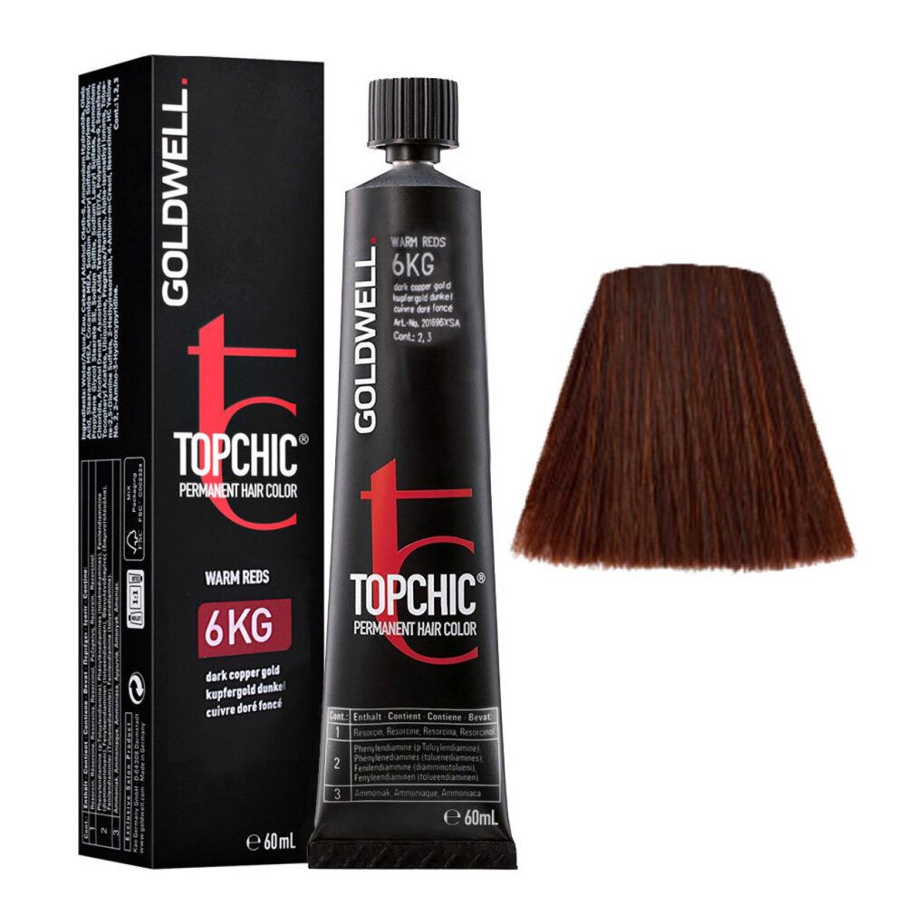 Confezione di tinta per capelli con tubo e campione colore. Goldwell Topchic, Warm Reds, 6KG. Rame dorato scuro.