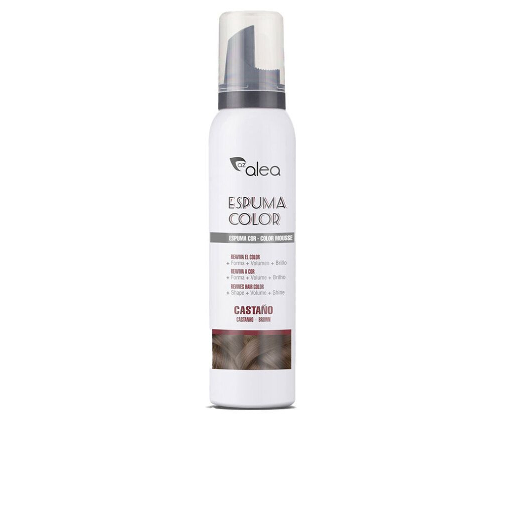 Flacone di mousse per capelli bianco con erogatore nero. Scritta: Espuma Color, Castano, Brown.