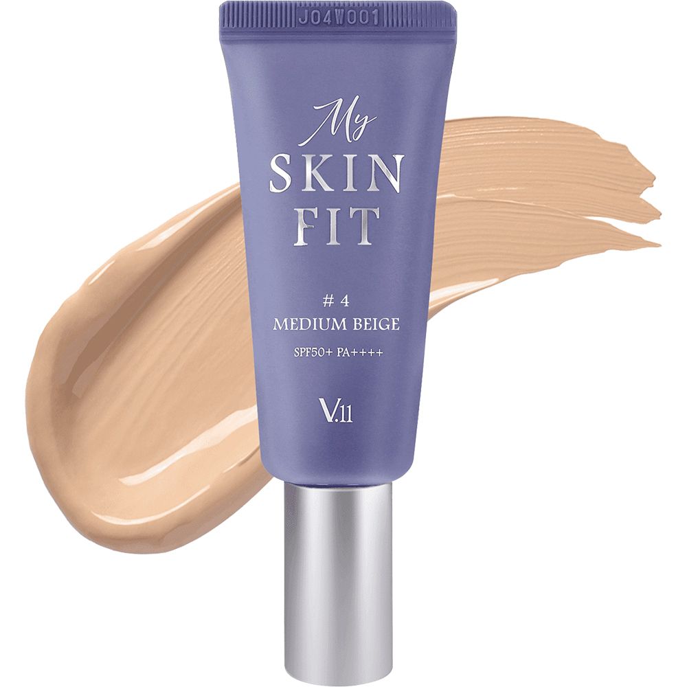 Tubo lilla con BB Cream. Scritta: My Skin Fit #4 Medium Beige SPF50+ PA++++. Accanto, una macchia di colore.