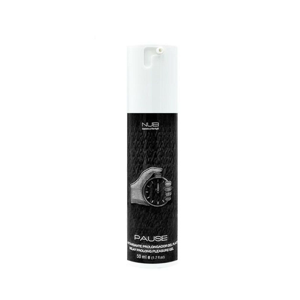 Tubo bianco e nero con nome e logo del prodotto. Testo: Delay Prolong Pleasure Gel. Simbolo mano con cronometro.